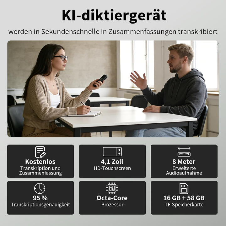 Note AI Digitales Diktiergerät mit Playback,80GB aufnahmegerät Unterstützt kostenlose Online-Transkr