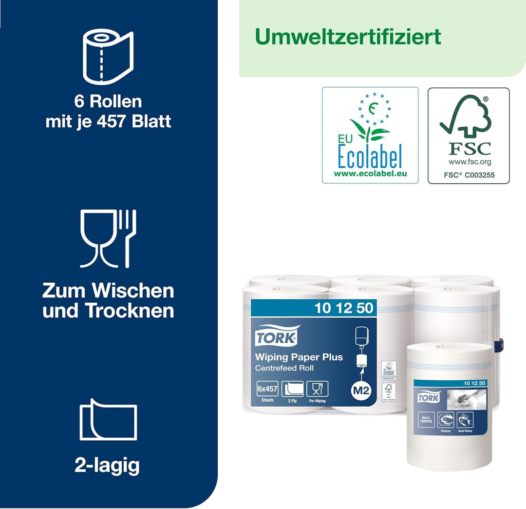 Tork Starke Mehrzweck-Papierwischtücher mit Innenabrollung Weiss M2, Saugfähig, 6 × 457 Blatt, 10125