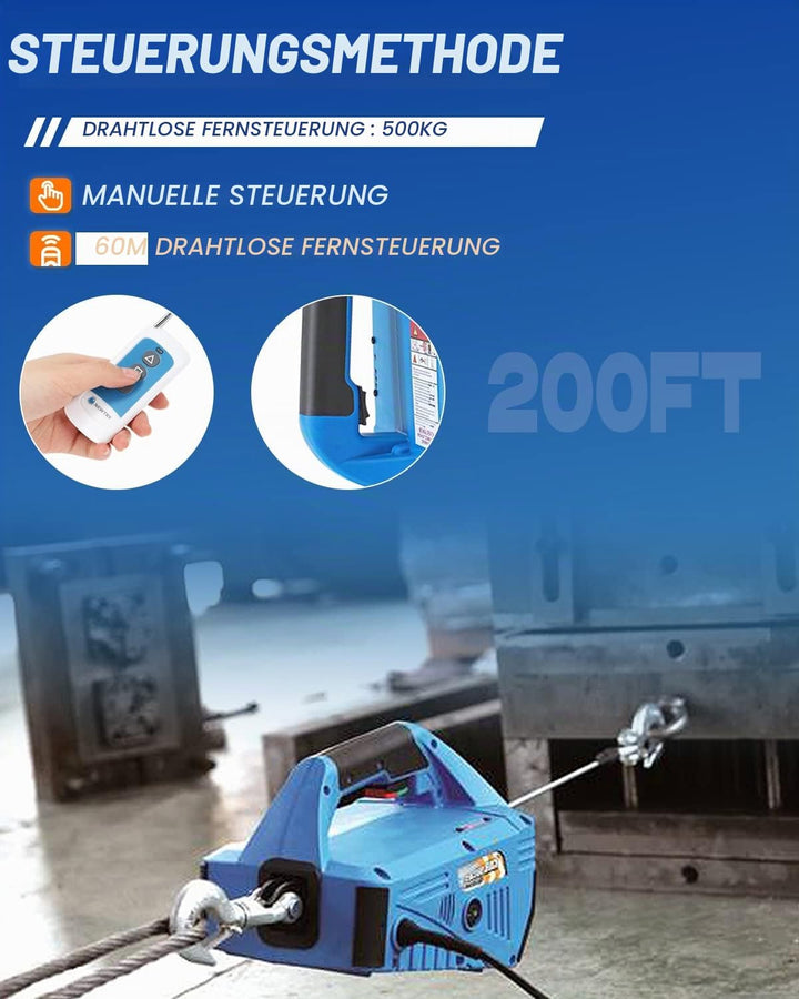 NEWTRY Elektrische Seilwinde 230V mit Kabellose Fernbedienung 500KG Hebezeuge 7,6 m Maximale Hubhöhe