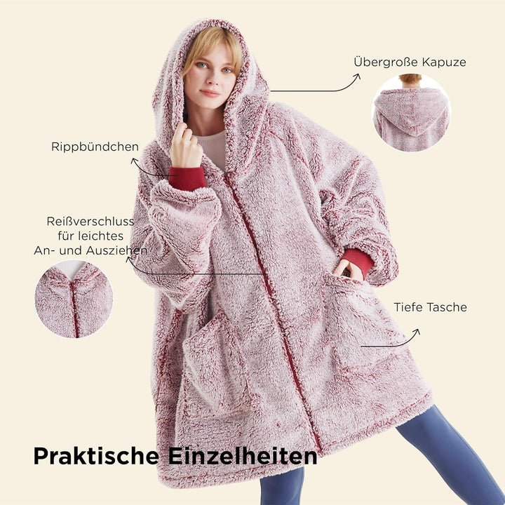 BEDSURE Hoodie Decke mit Ärmeln - Sherpa Deckenpullover mit Reissverschluss und Kapuze Rot, Tragbare
