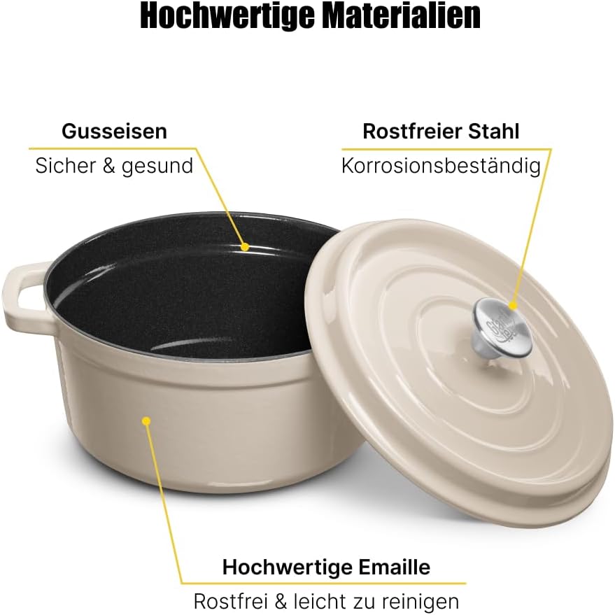 Schmortopf Gusseisen Topf - Emaillierter Gusseisentopf mit Deckel und breite Griffe für Küche, Backe
