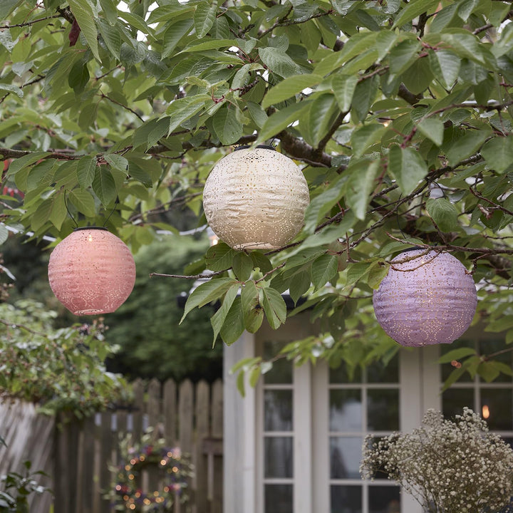 Lights4fun 3er Set Tyvek LED Pastellfarbene Solar Lampions Altrosa Violett Weiss Marokkanische Later