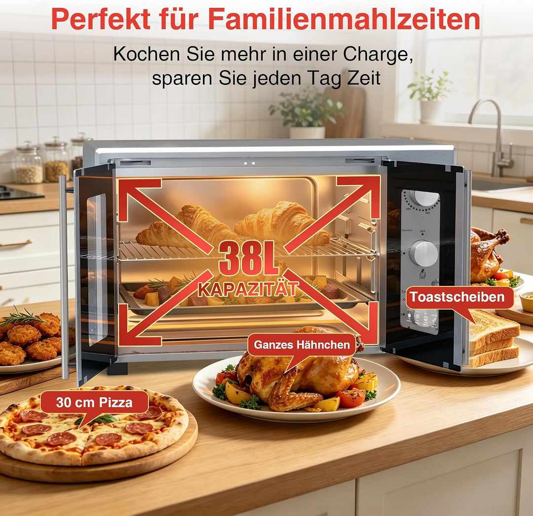 Minibackofen 38 Liter, Pizzaofen Elektrisch 1600W mit Doppeltür, 3 Heizmodi, 70°C-250°C Thermostat u
