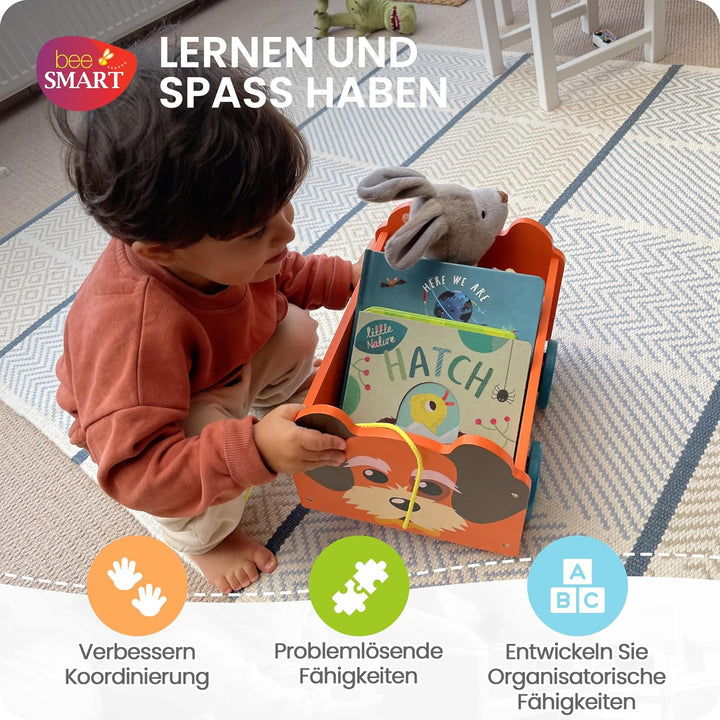 Spielzeugkiste aus Holz Hund | 2-in-1-Zugwagen & Aufbewahrungsbox auf Rädern für Kinderzimmer oder S