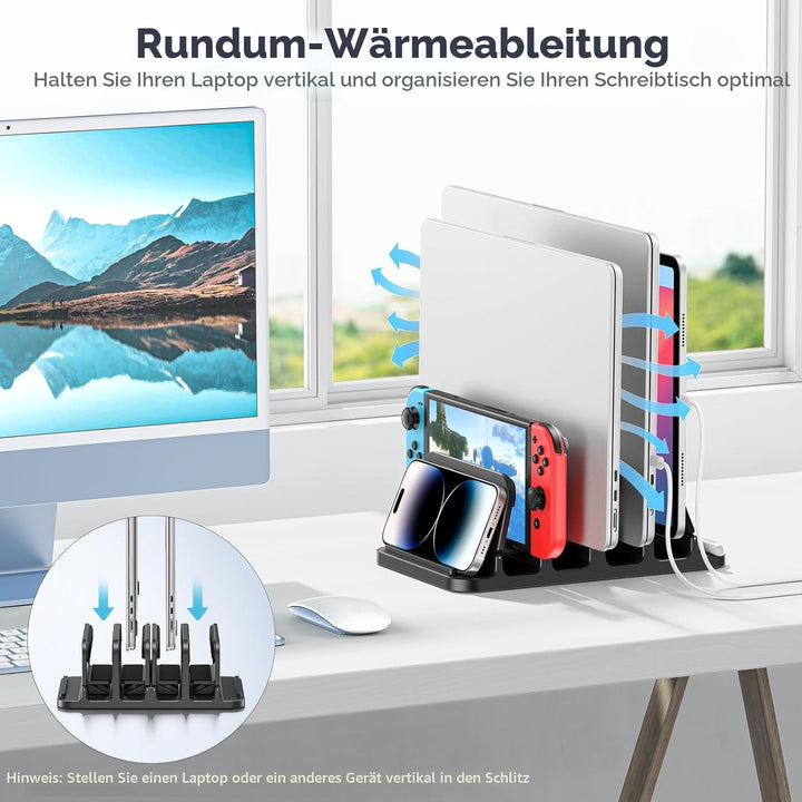 KDD Vertikaler Laptop Ständer mit 4 Steckplätzen und Schwerkraftschloss, 6 in 1 Platzsparende MacBoo