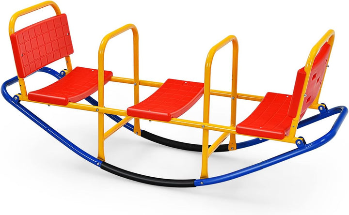 DREAMADE 3 Sitzer Kinder Wippe mit Rückenlehnen und Griffe, Schaukelwippe Metall 136x60x39cm, Karuss