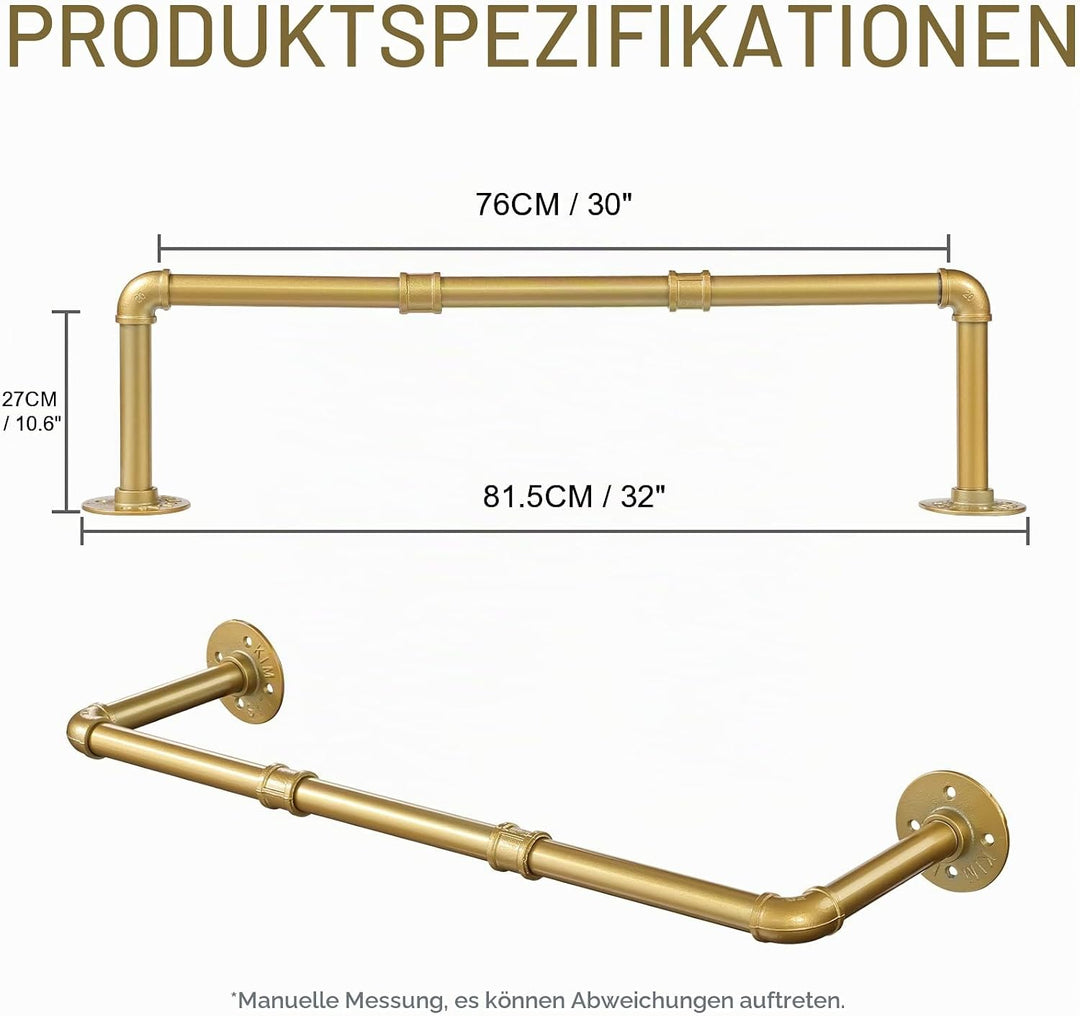 Kleiderstange Wandmontage Golden 76 cm, Klassische und Vintage Garderobenstange im Industrie-Design