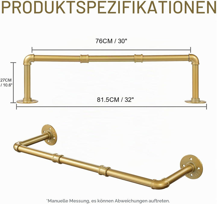 Kleiderstange Wandmontage Golden 76 cm, Klassische und Vintage Garderobenstange im Industrie-Design
