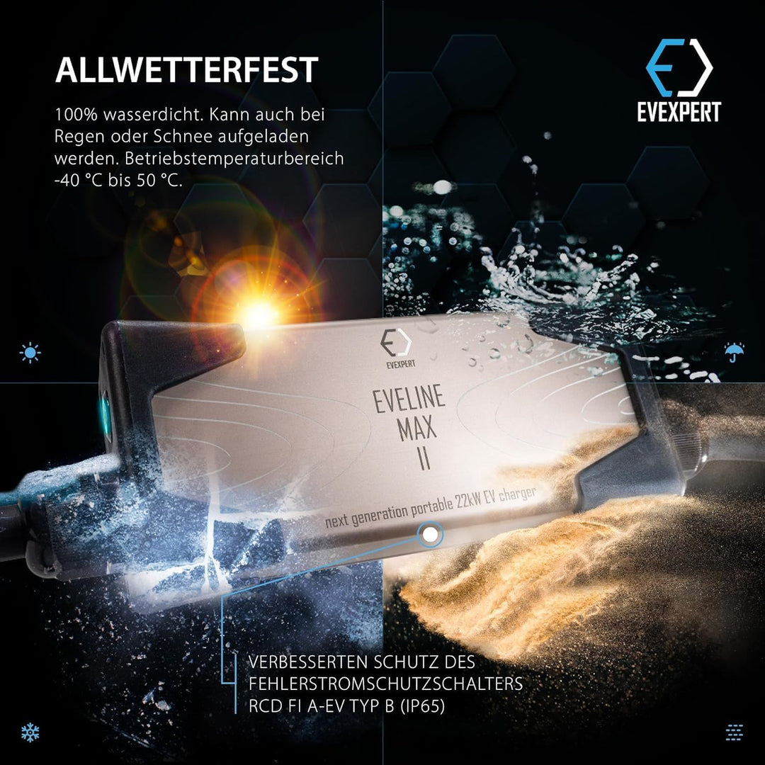Eveline Max II Smart tragbares Ladegerät Typ2 - CEE 5-pin (RCD FI A-EV) | 16-32A | 3-phasig | 5-8M +