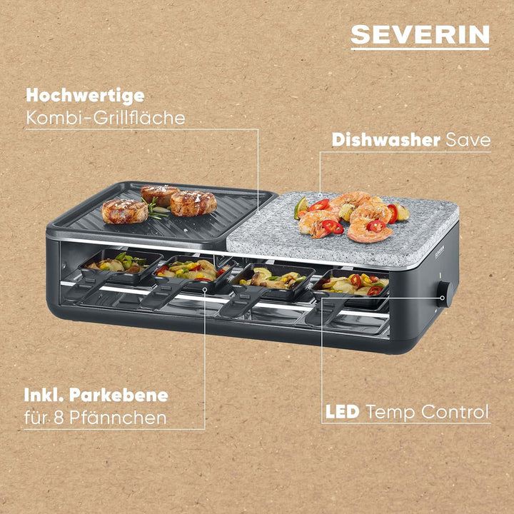 SEVERIN Raclette-Grill für 8 Personen, Naturgrillstein & antihaftbeschichtete-Grillplatte, Tischgril