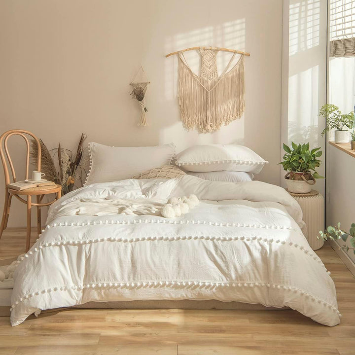 Freyamy Böhmen Bettwäsche 200x220cm 3teilig Weiss Pom Pom Boho Chic Bettwäsche Gewaschene Microfaser