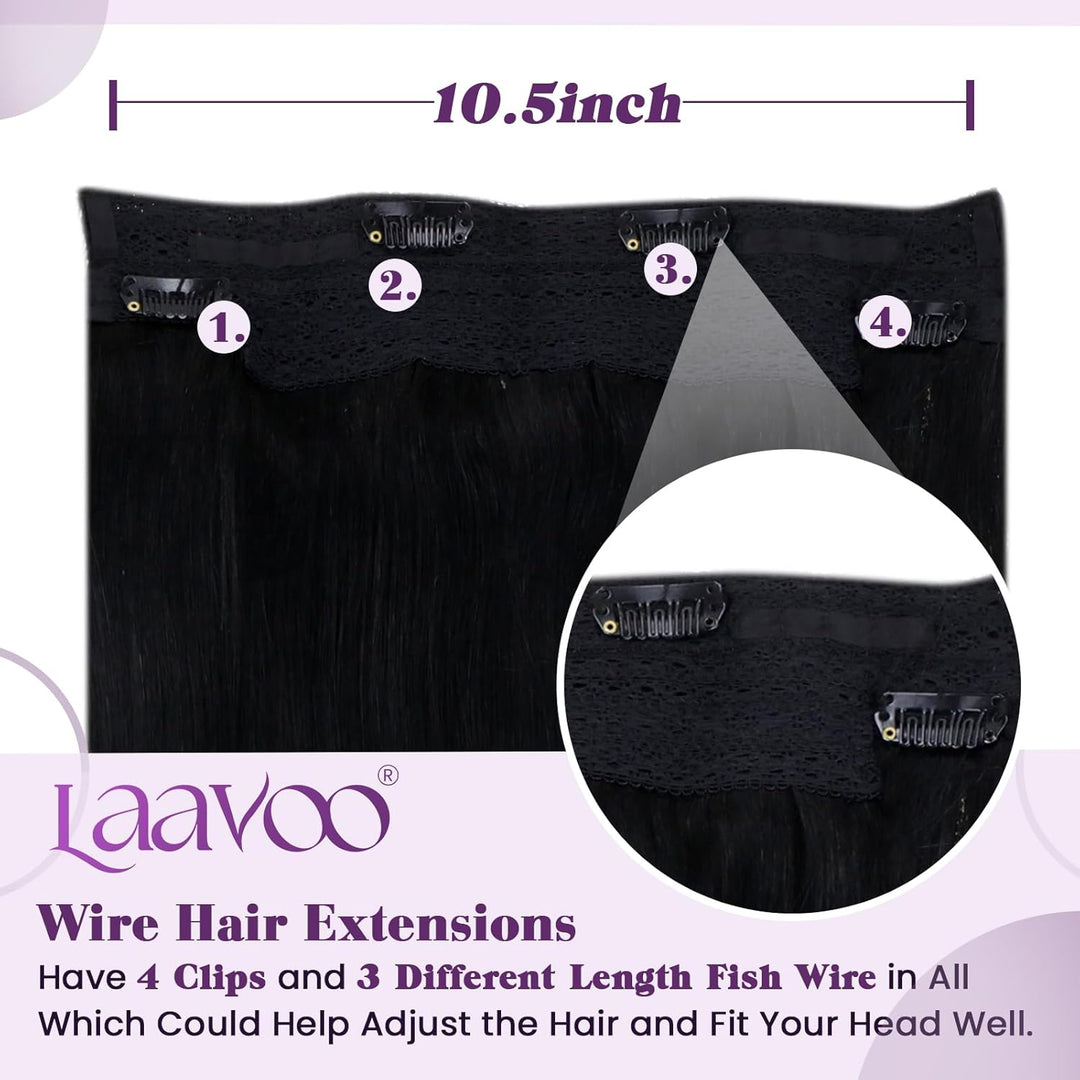 LaaVoo Unsichtbar Fish Line Echthaar Extensions mit Draht Schwarz Invisible Secret Wire Extensions E