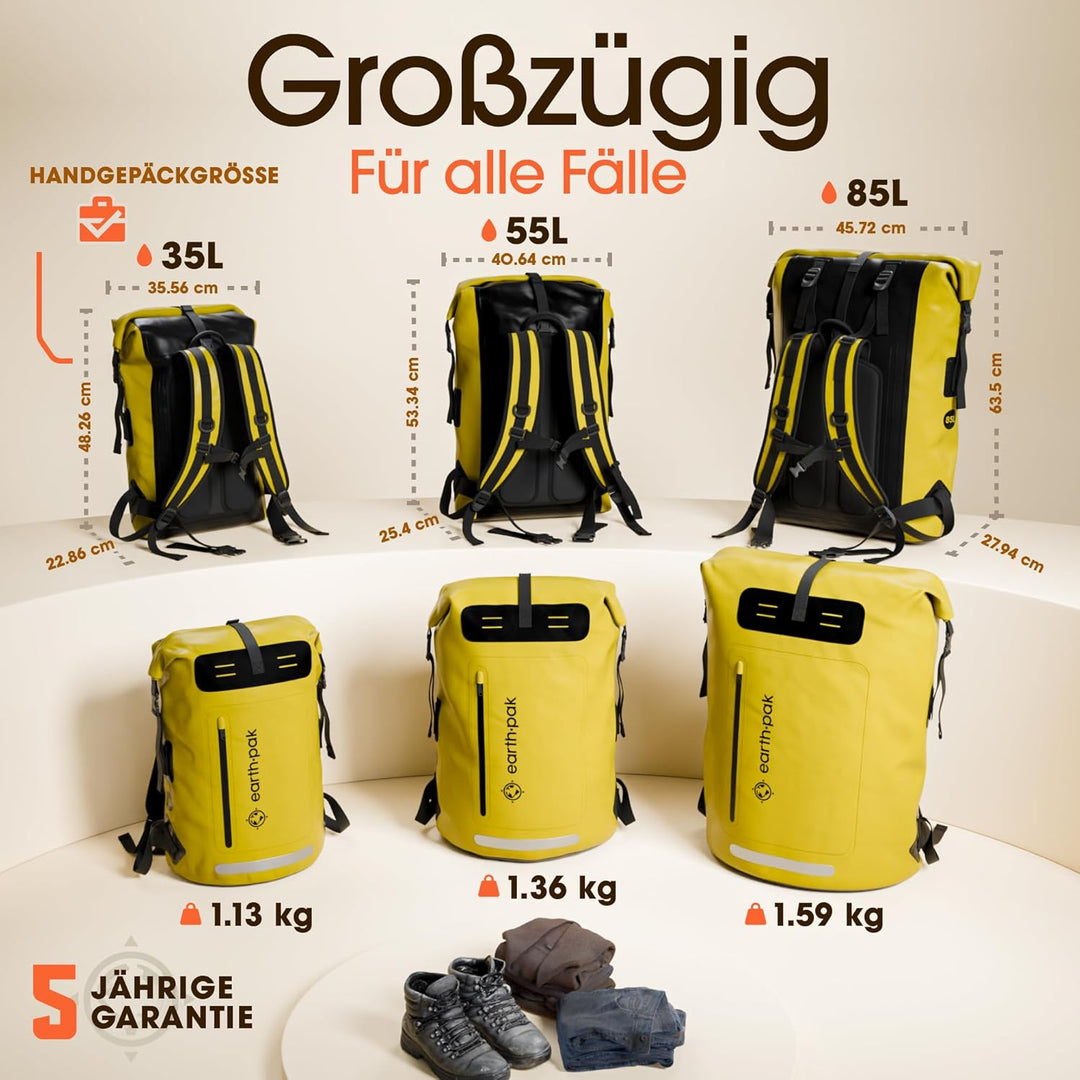 Earth Pak wasserdichter Rucksack – 35L / 55L Waterproof Backpack mit leistungsstarkem Rolltop Rollve