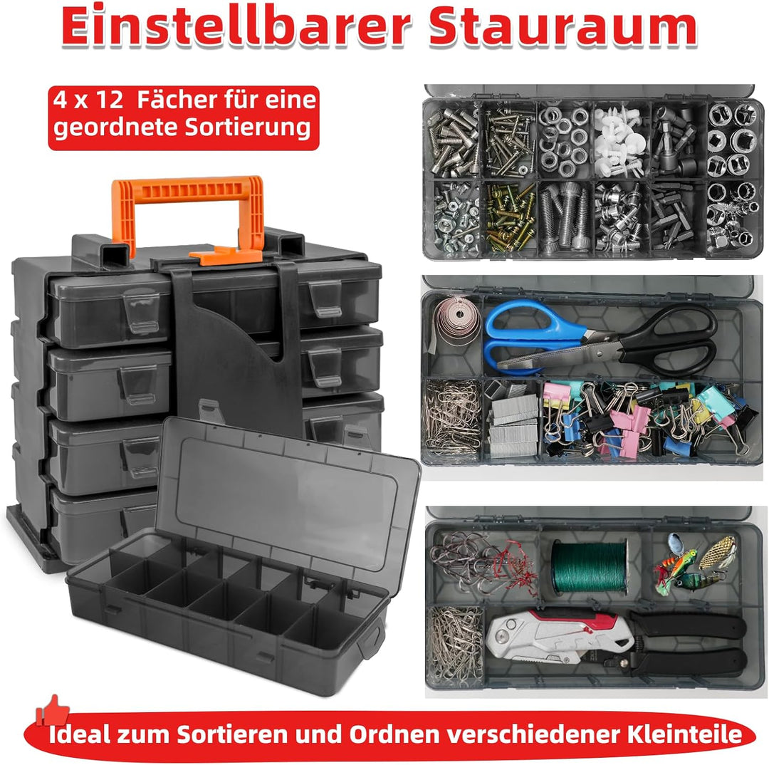 ZKH Sortierbox 30x20x21 cm, 4x Sortimentskasten, 4x12 herausnehmbare Fächer, Material PP, Sichere Au