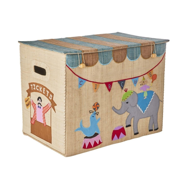 Grosse Raffia Aufbewahrungsbox für Kinder mit Zirkusmotiv, faltbar mit Deckel & Griffen | handgefert