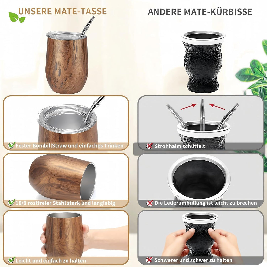 TELANKS Mate Becher, 340 ml Teetassen Set, Edelstahl doppelwand isolier Enthält Bombillas und eine R