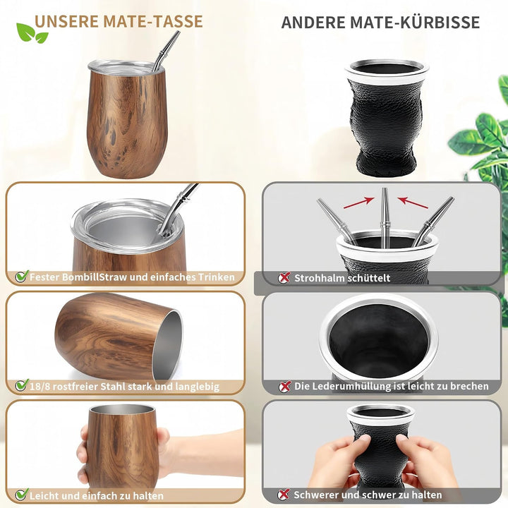 TELANKS Mate Becher, 340 ml Teetassen Set, Edelstahl doppelwand isolier Enthält Bombillas und eine R