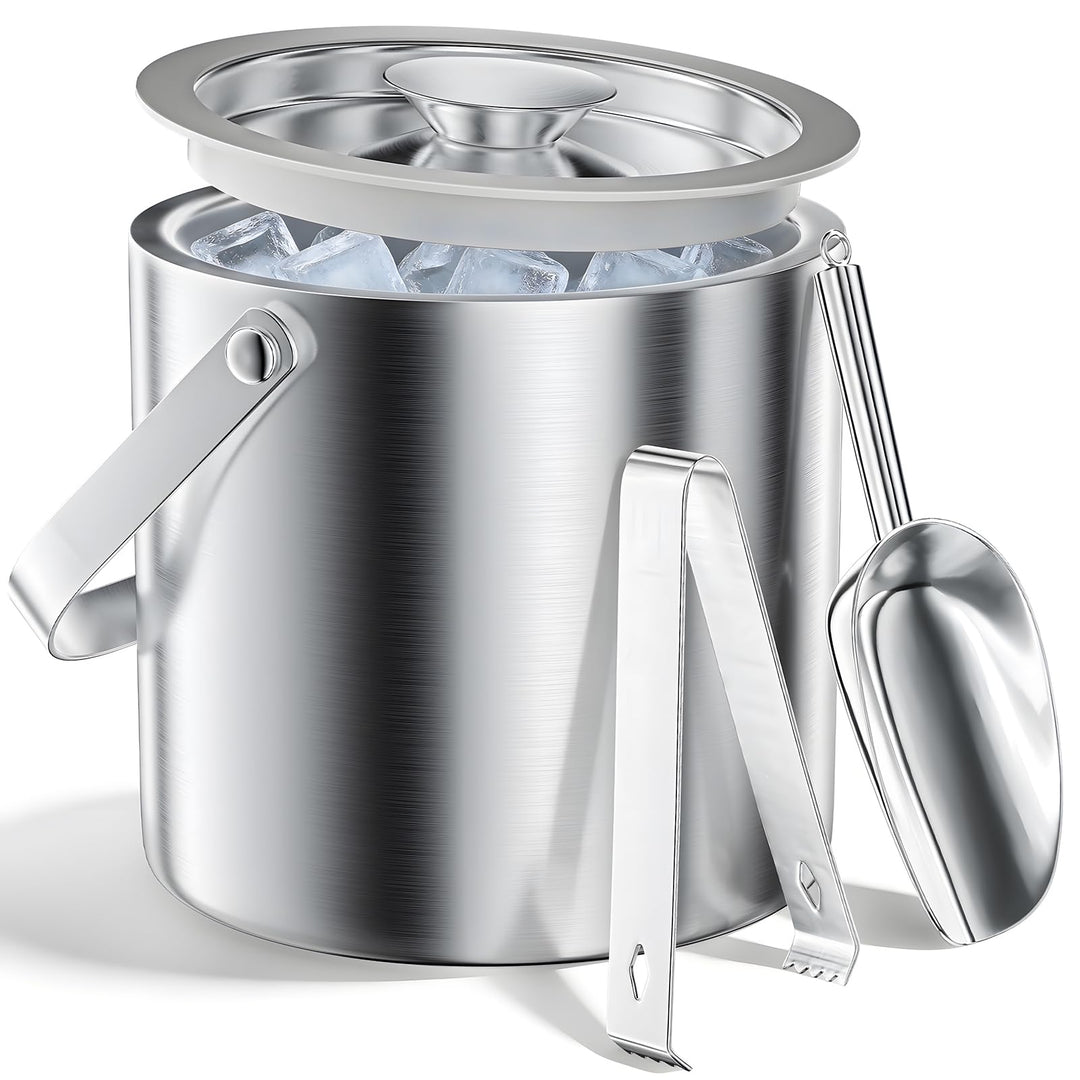 Eiswürfelbehälter Edelstahl 3L Doppelwandig, Eiskübel Set mit Deckel Eisschaufel und Zange, Perfekt