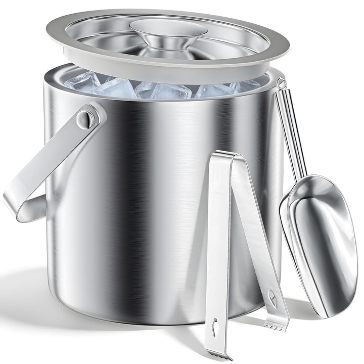 Eiswürfelbehälter Edelstahl 3L Doppelwandig, Eiskübel Set mit Deckel Eisschaufel und Zange, Perfekt