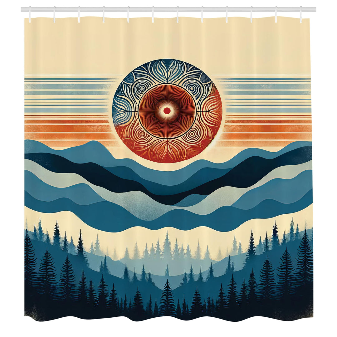 ABAKUHAUS Boho Duschvorhang, Waldlandschaft mit Ombre Bergszene Bäume und Florale Sonne im Retro Sti
