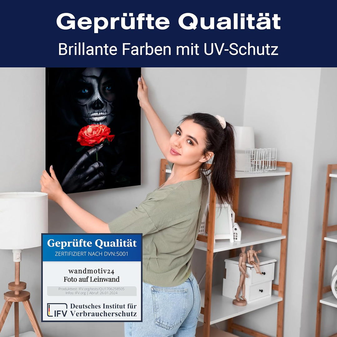 wandmotiv24 Leinwandbild Models, 100x75cm, Hochformat, Frau, Rose, Totenkopf, Deko, Bilder auf Leinw