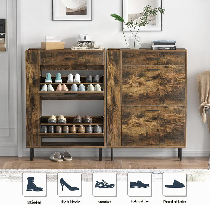 Schuhschrank mit 2 Klapptüren Mit Schubladen, Schuhaufbewahrung, Holz Schuhkipper, Schuhregal, Trenn