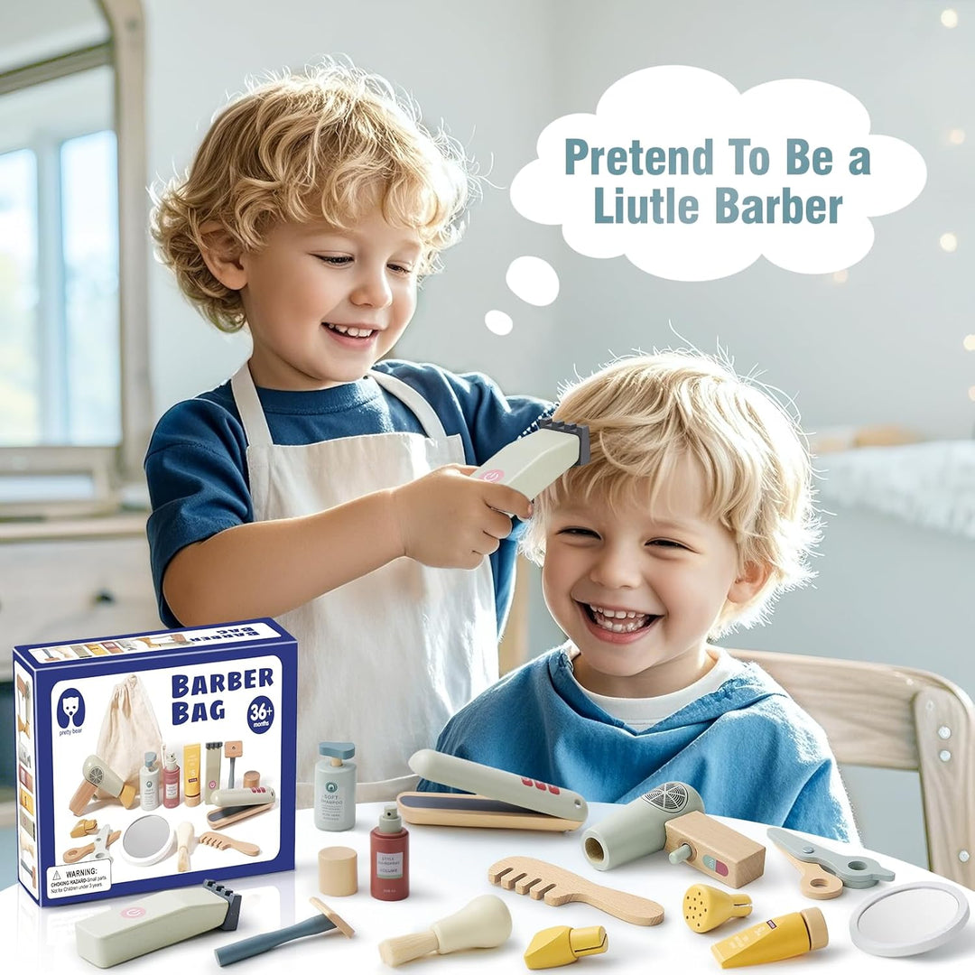 Holz Friseur Set Kinder mit Haartrockner Glätteisen Kamm Haarstyling Rasierzubehör Salon Friseur Zub