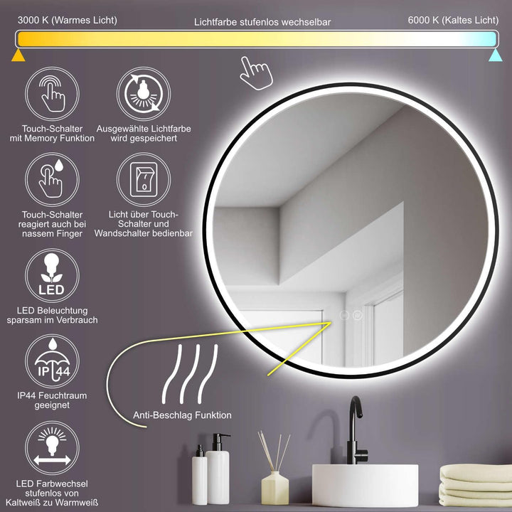 HOKO® Badezimmerspiegel mit LED Beleuchtung aussen, LED Spiegel München 50x70cm, waagerecht und senk