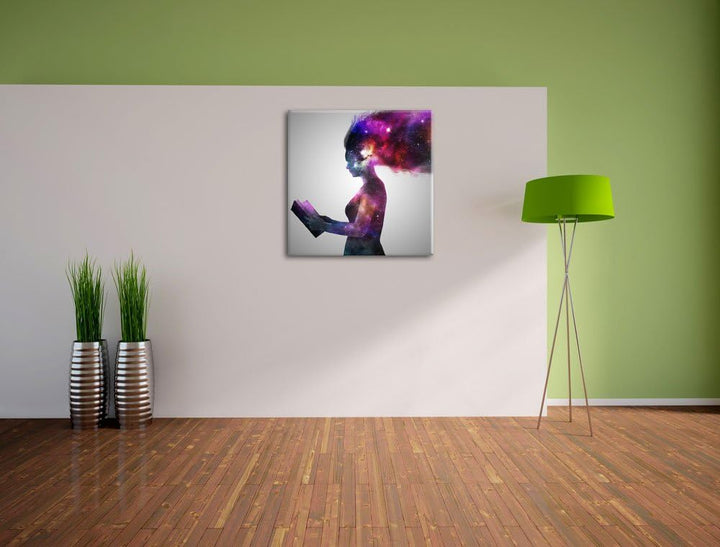abstrakte Frau mit Buch, Format: 70x70 auf Leinwand, XXL riesige Bilder fertig gerahmt mit Keilrahme