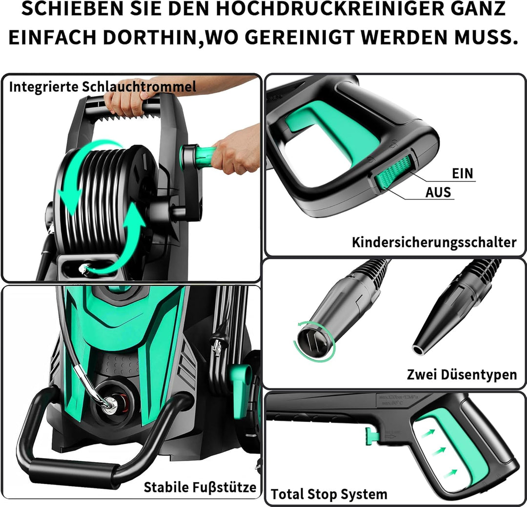 2026New Hochdruckreiniger, Druck max 180 bar, 6-in-1-Düse, Fördermenge: 420 l/h, Flächenleistung: 50