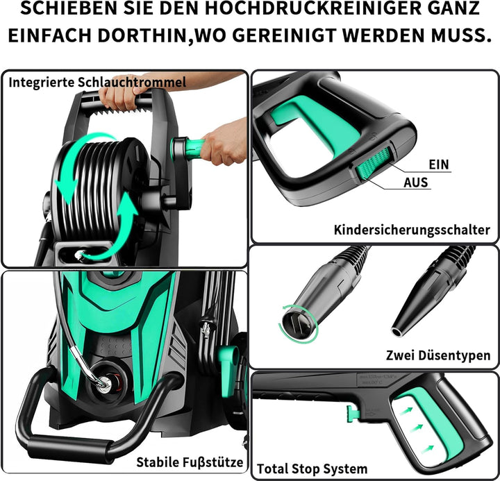 2026New Hochdruckreiniger, Druck max 180 bar, 6-in-1-Düse, Fördermenge: 420 l/h, Flächenleistung: 50