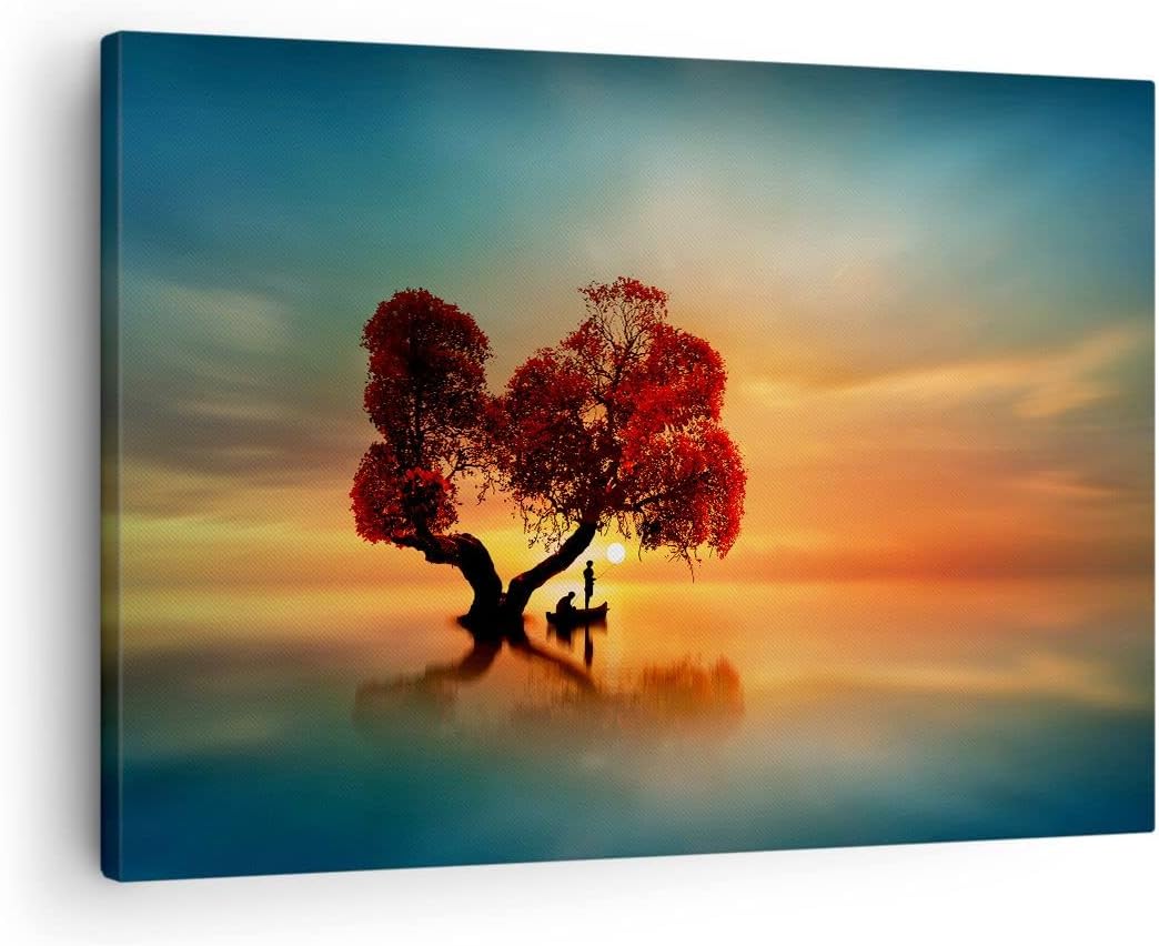 Bilder auf Leinwand See Natur Nacht Leinwandbild mit Rahmen 70x50cm Wandbilder Dekoration Wohnzimmer