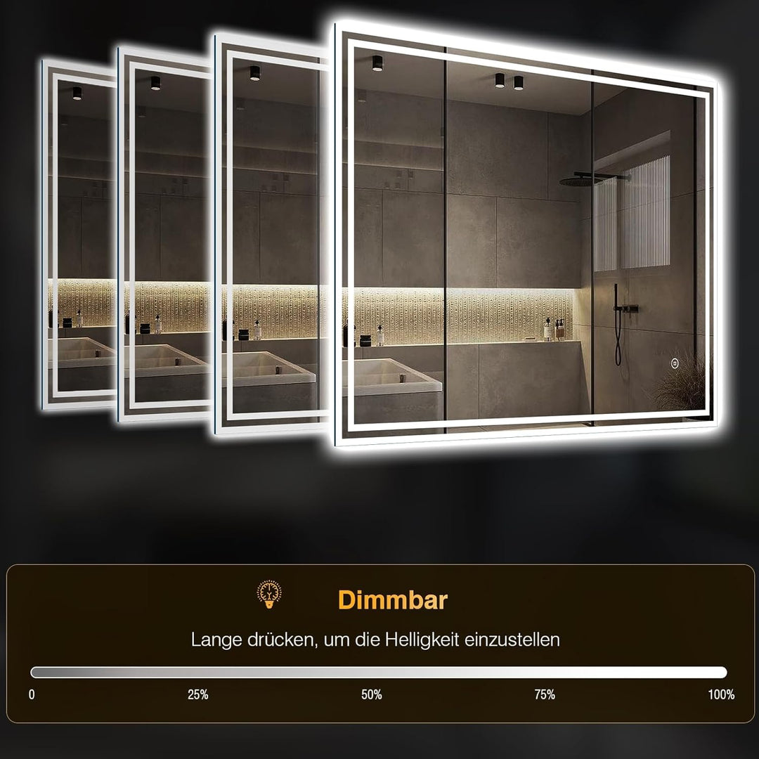 LED Badspiegel mit Beleuchtung – Badezimmerspiegel mit 3 Lichtfarben, Dimmbar, Anti-Beschlag, Touch/