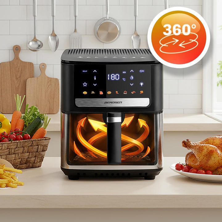 Berdsen Heissluftfritteuse XL 6,5L - Airfryer mit Sichtfenster und Touchscreen - 1700W - 8 Programme