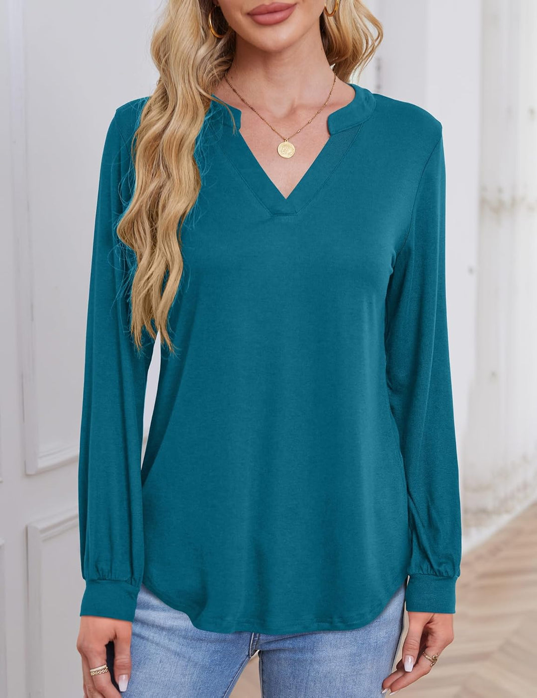 Beluring Langarmshirt Damen Elegant V Ausschnitt Tunika Bluse Einfarbig T-Shirt S Seeblau, S Seeblau