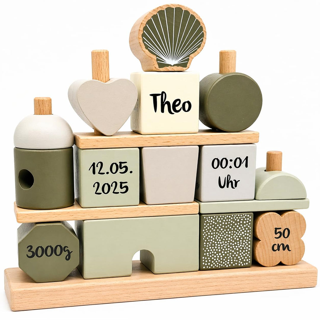 Personalisiertes Holz Steckspiel Haus Olivgrün – Baby Geschenk zur Geburt für Jungen & Mädchen – mit
