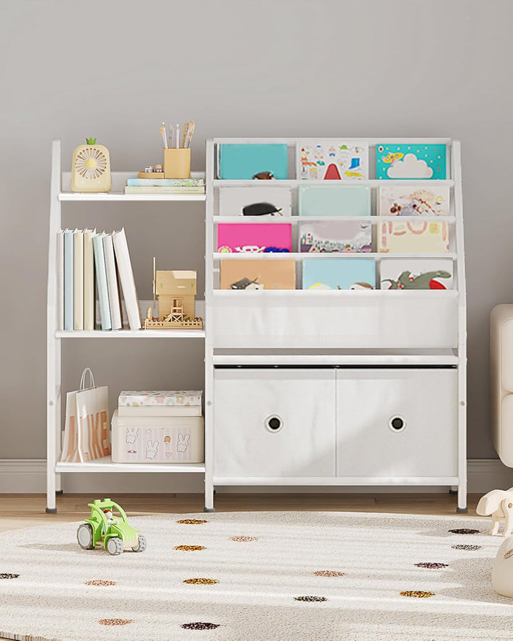 Bücherregal Kinder, Kinderregal, Kinderspielzeug Regal, Spielzeug Aufbewahrung mit 4 Hängetaschen, 3