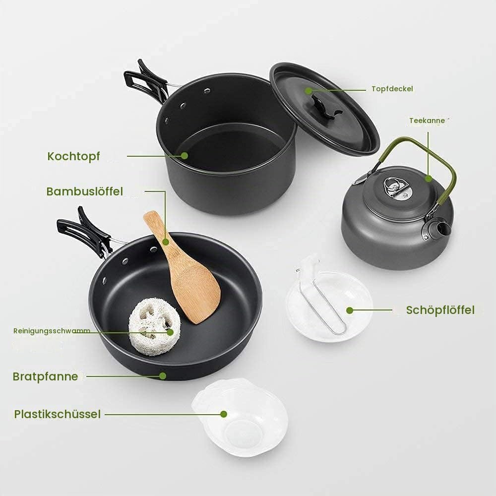Queta 10-Teilig Cookware Kit Picknick Töpfen Kochgeschirr Campinggeschirr Set für 2-3 Personen Zum C