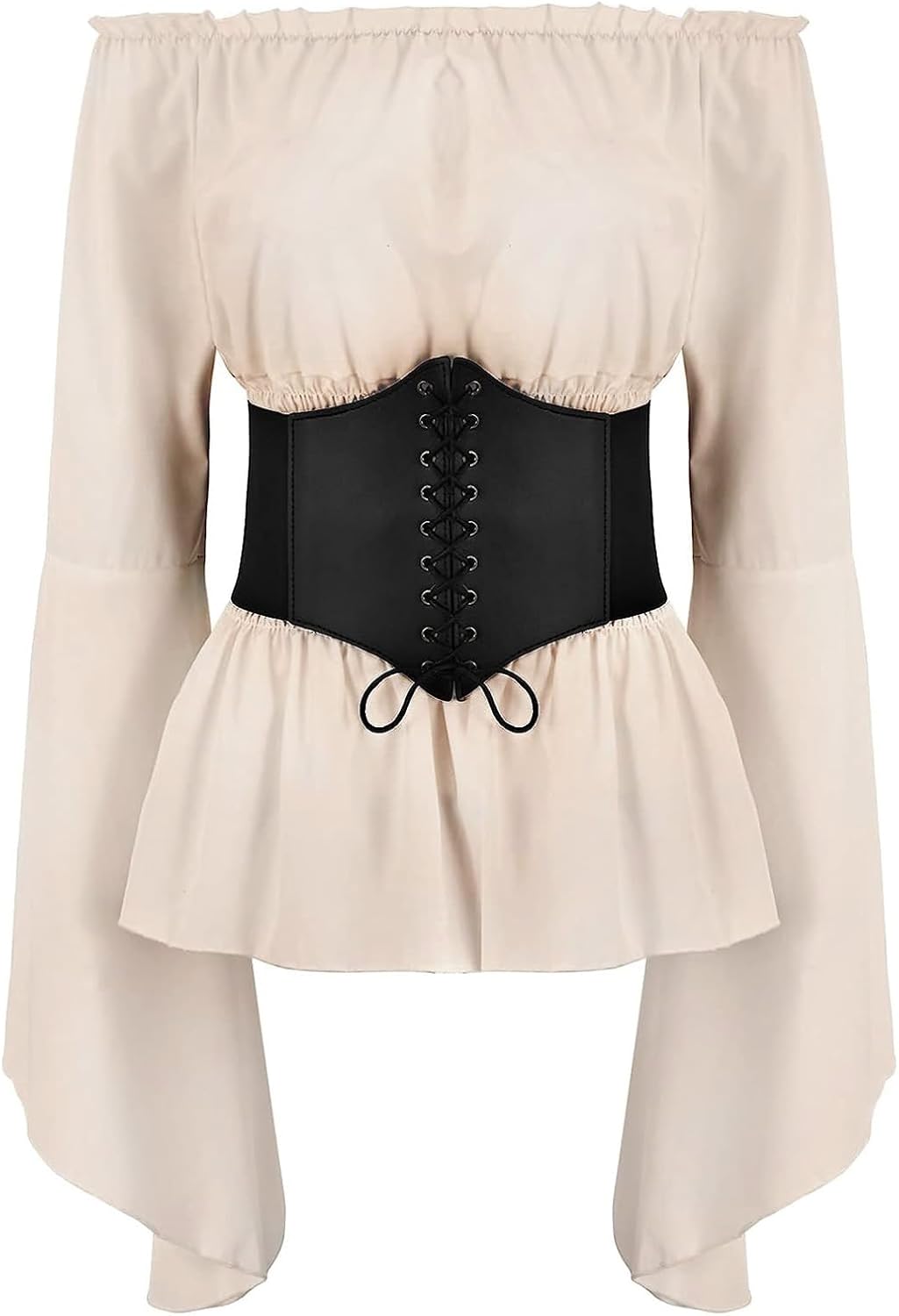 Odizli Mittelalter Kleidung Damen Gothic Steampunk Langarm Off Shoulder Corsett Top + Gürtel Viktori