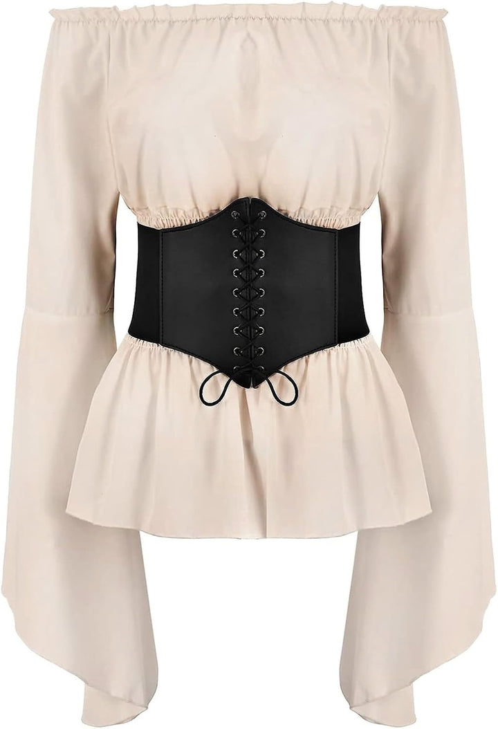 Odizli Mittelalter Kleidung Damen Gothic Steampunk Langarm Off Shoulder Corsett Top + Gürtel Viktori