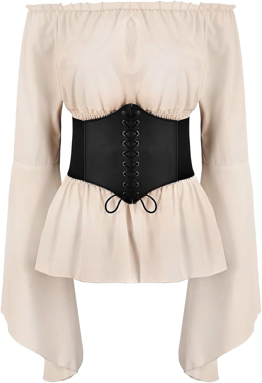 Odizli Mittelalter Kleidung Damen Gothic Steampunk Langarm Off Shoulder Corsett Top + Gürtel Viktori