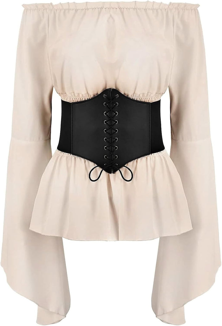 Odizli Mittelalter Kleidung Damen Gothic Steampunk Langarm Off Shoulder Corsett Top + Gürtel Viktori
