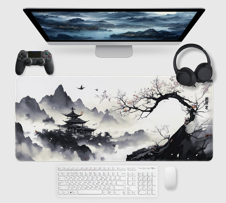 Gaming Mauspad XXL Tuschemalerei-Muster rutschfest Schreibtischunterlage 900x400mm,Anime Mousepad fü