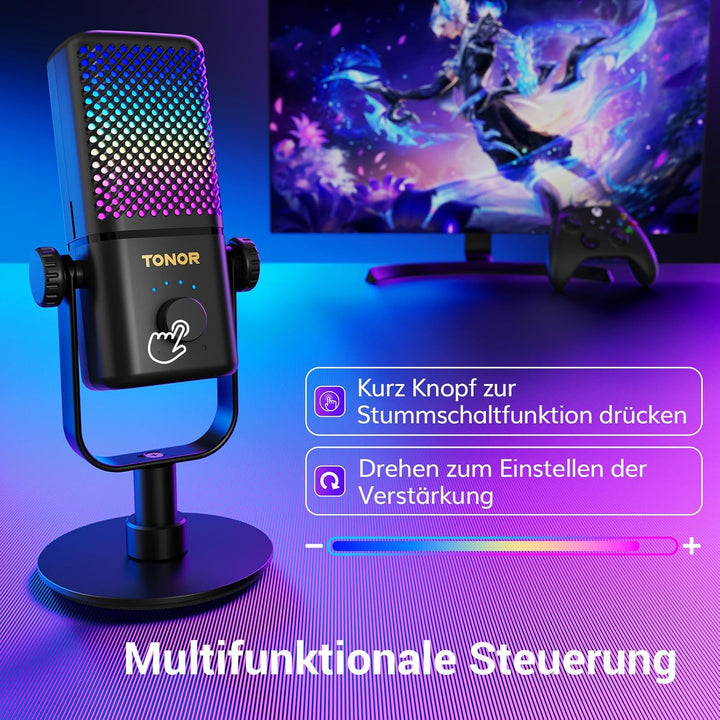 TONOR Gaming Mikrofon Kompatibel mit Xbox, Kondensator Mikrofon mit RGB, Mute/GAIN Kontrolle/Überwac