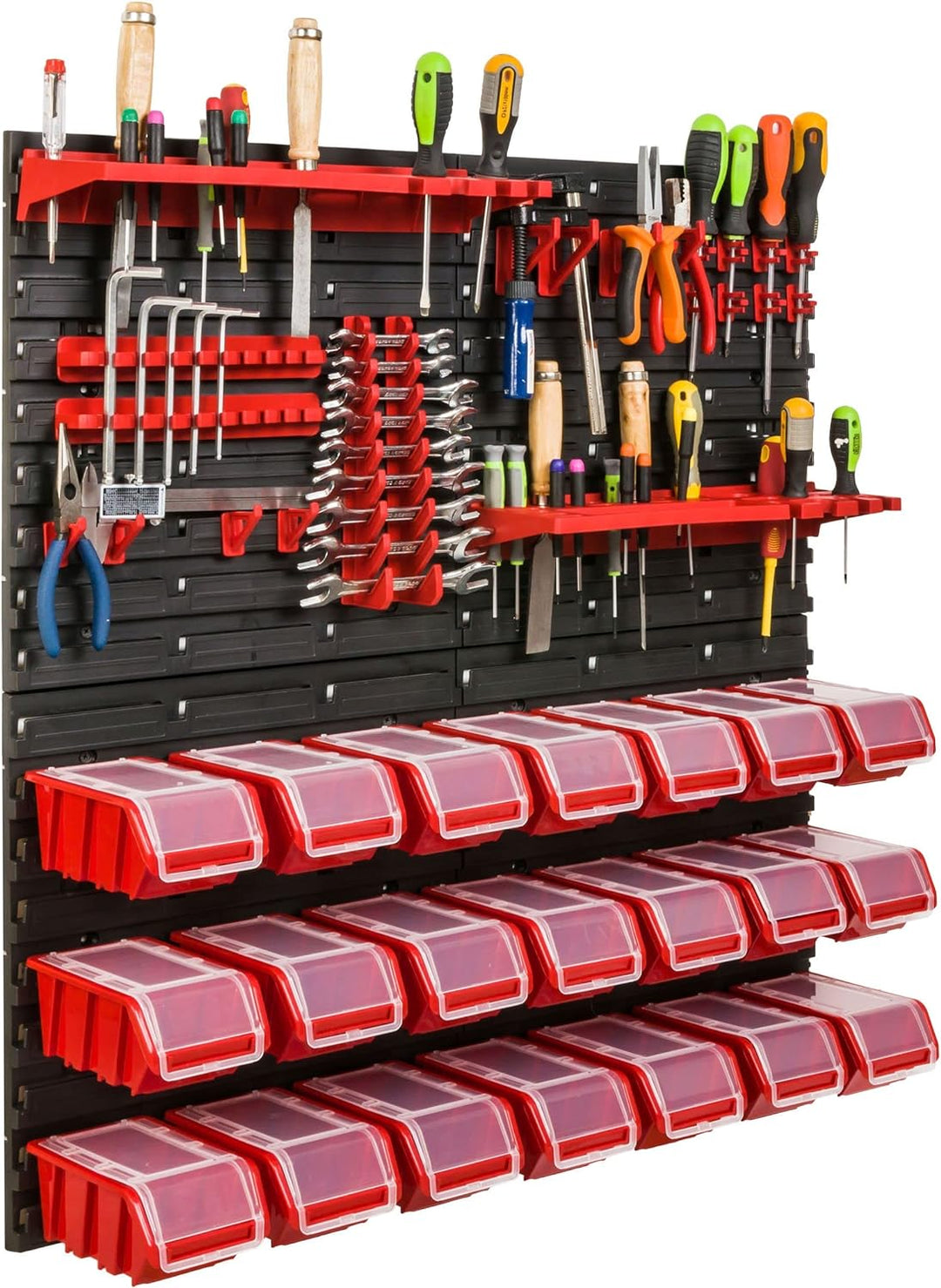 Lagersystem Werkstattregal | 78 x 78 cm | 21 stck. Box | Wandregal mit Werkzeughalterungen und Stape