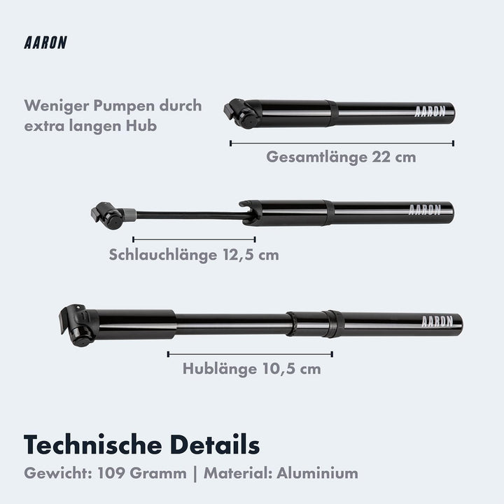 AARON Pocket One Mini Fahrradpumpe für alle Ventile - kompakte Luftpumpe passend für jeden Rahmen -