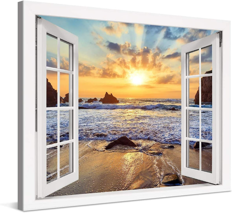 PICANOVA – Bild auf Leinwand Felsiger Strand Sonnenuntergang Fenster 80x60cm – Leinwandbild – Premiu