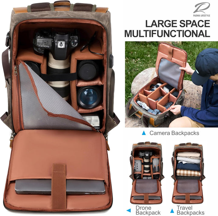 Padwa Lifestyle Kaffee Kamerarucksack - wetterfeste Kameratasche aus gewachstem Memory Canvas mit 16