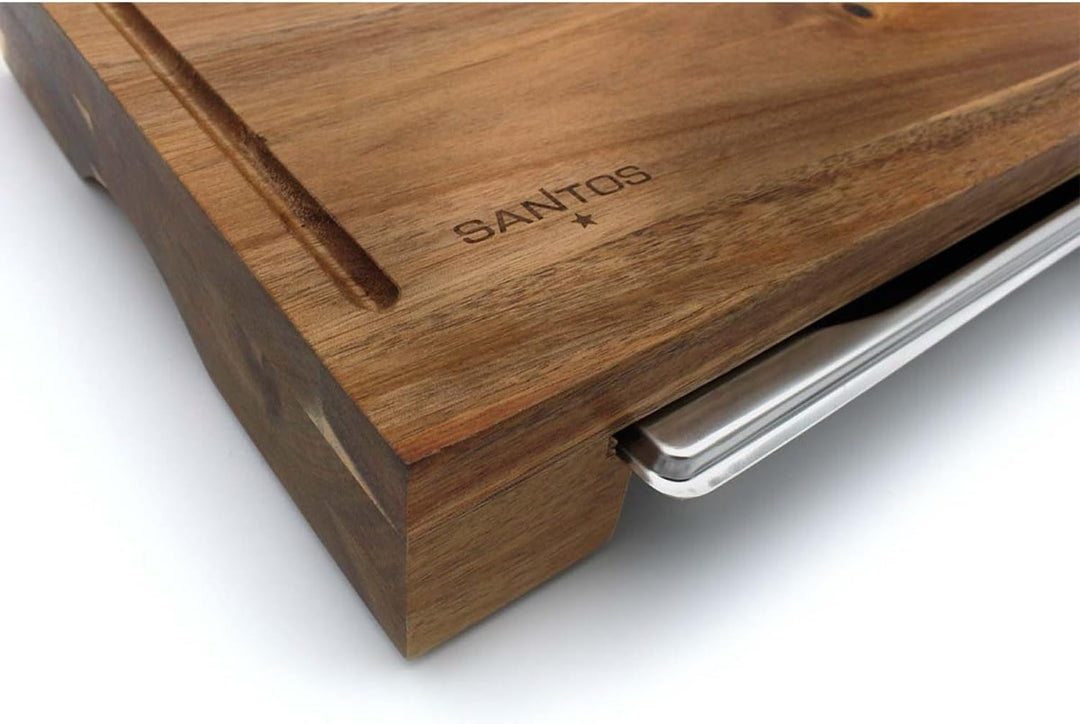 SANTOS Schneidebrett Akazie mit Auffangschale - 43x7x28cm- Serviertablett Gross - Holzbrett zum Hack