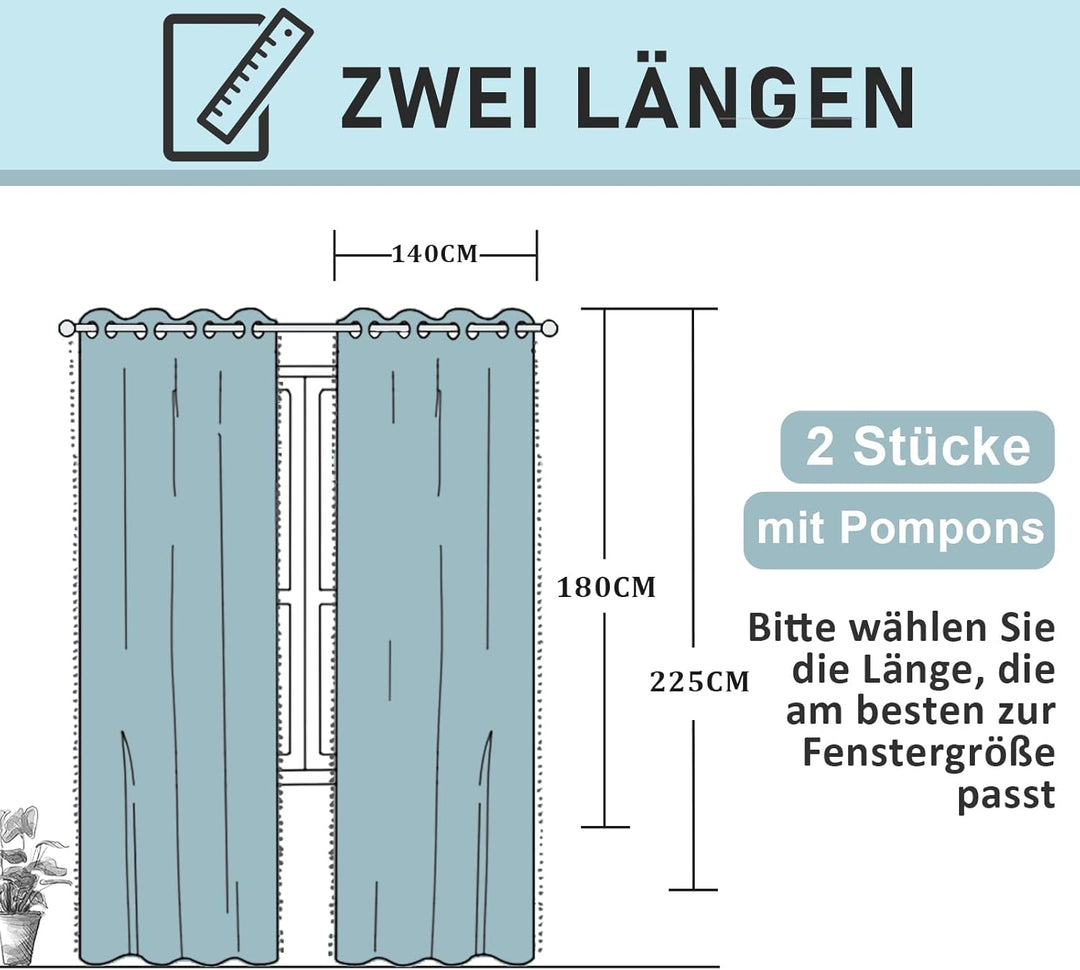 Treatmentex Blickdicht Vorhang mit Pompons Blau Vorhang mit Ösen Landhausstil Wärmeisoliert Thermovo